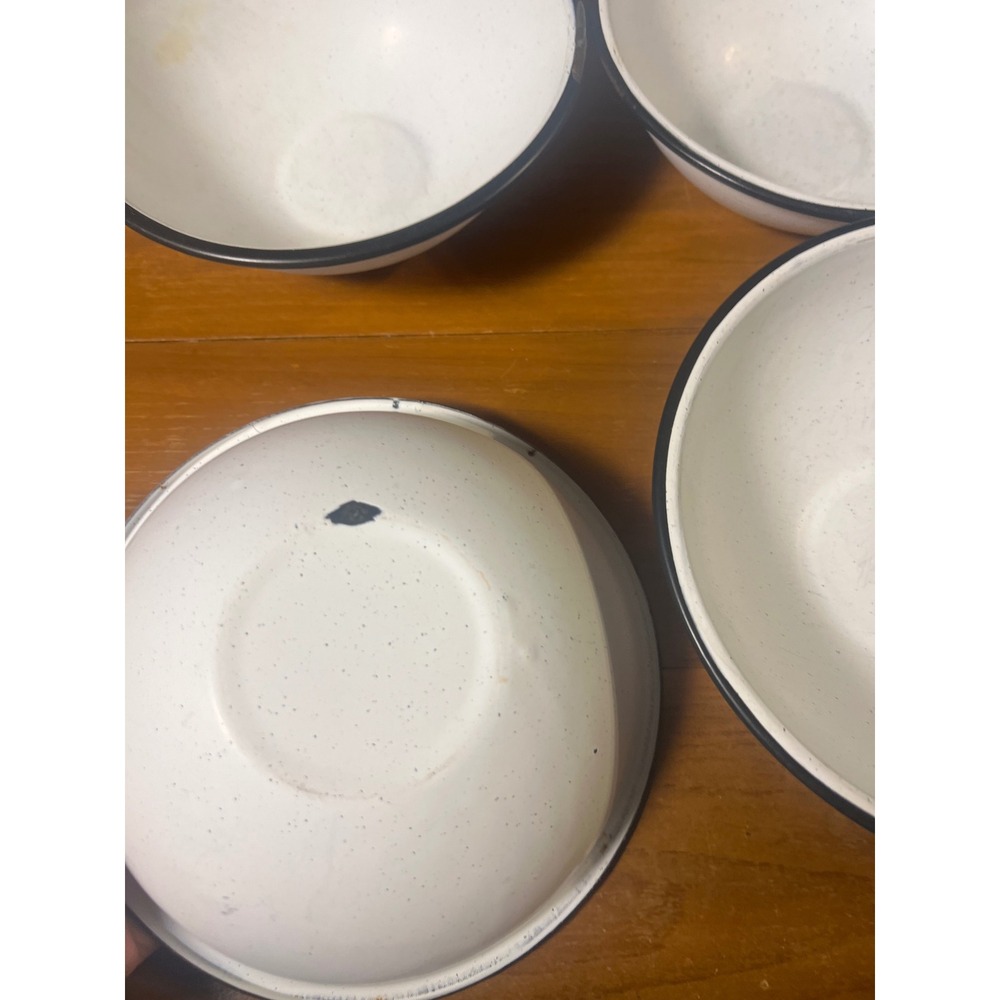 Vtg White Speckled Enamelware Bowls with Black Rim Set of 4 Farmhouse Camping - Picture 4 of 4